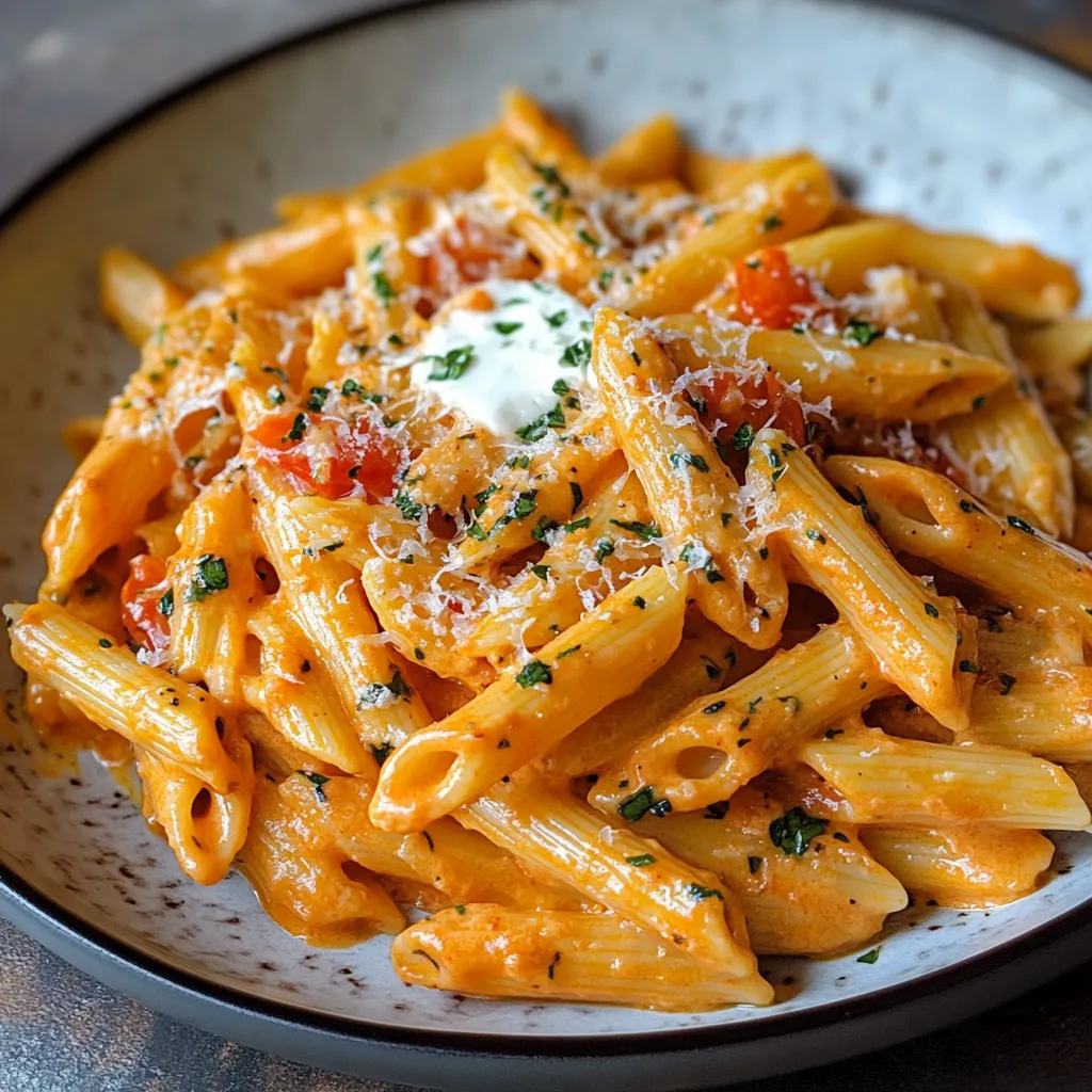 A plate of pasta with tomatoes and cheese.