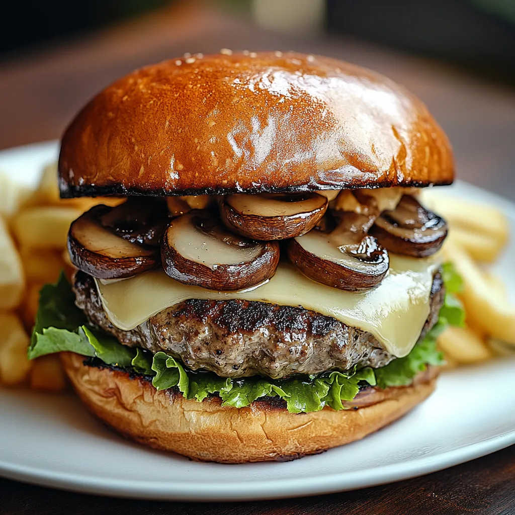 A burger with mushrooms and cheese on a bun.