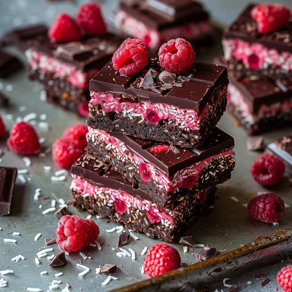 Close-up of a layered chocolate dessert with raspberries.