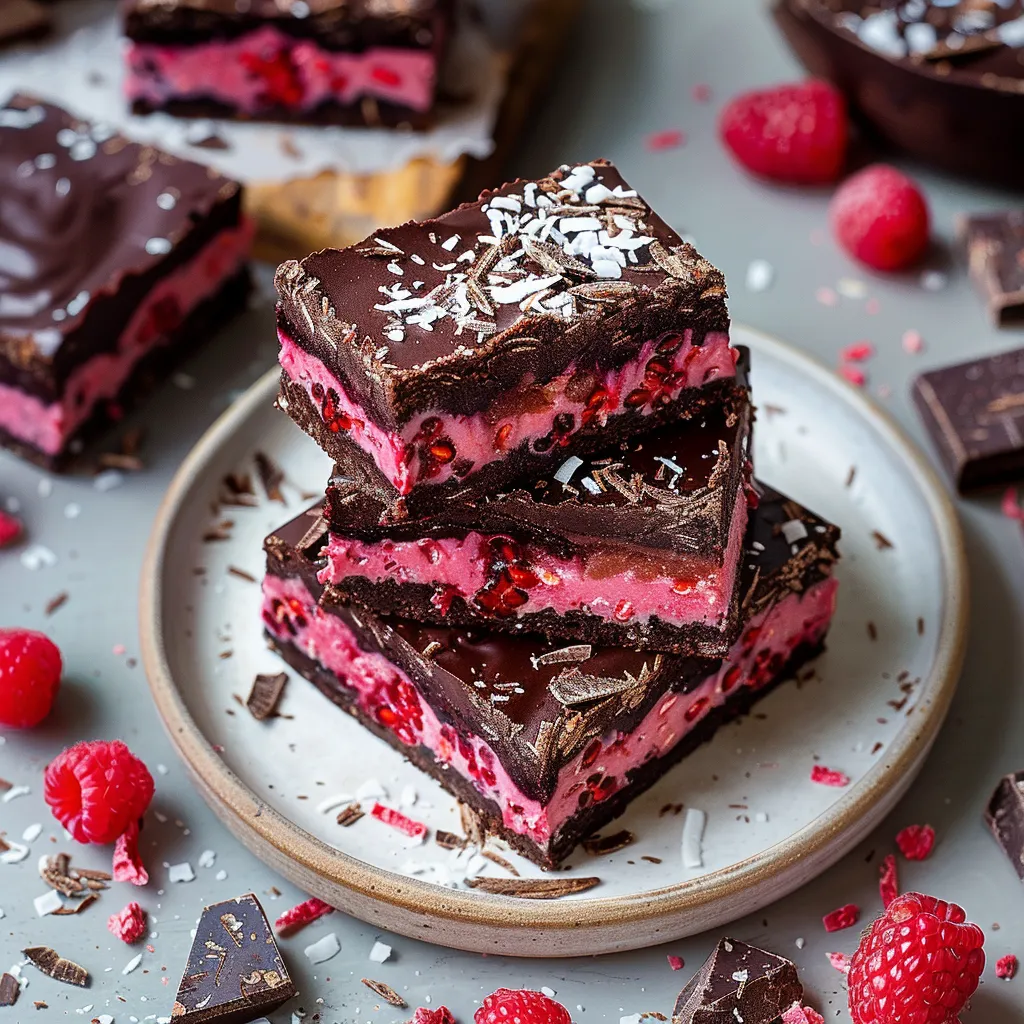 A stack of chocolate cake with raspberries on top.