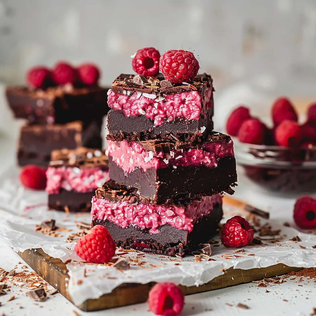 A stack of chocolate cake with raspberries on top.