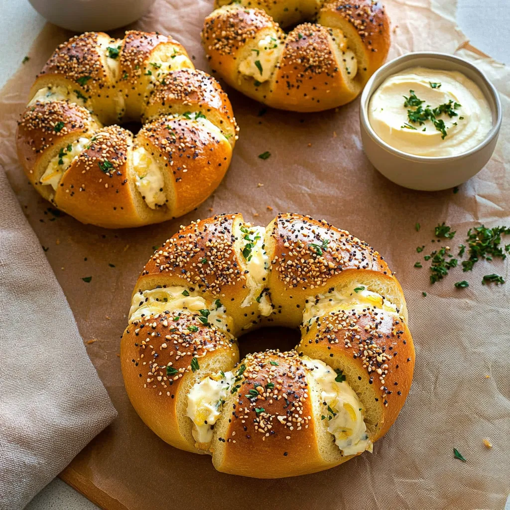 A bagel with cream cheese and herbs.