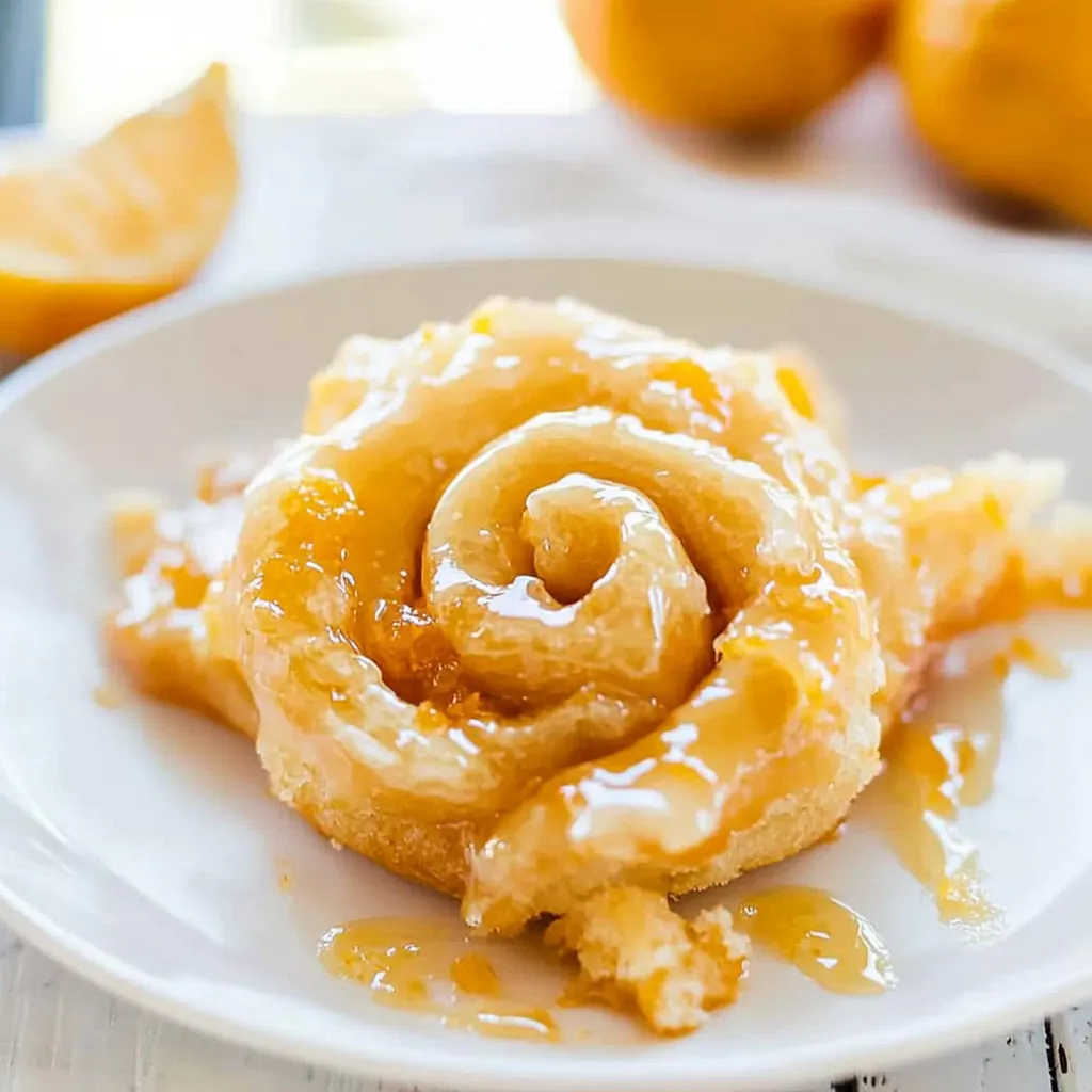 A swirled pastry with icing on a dish.