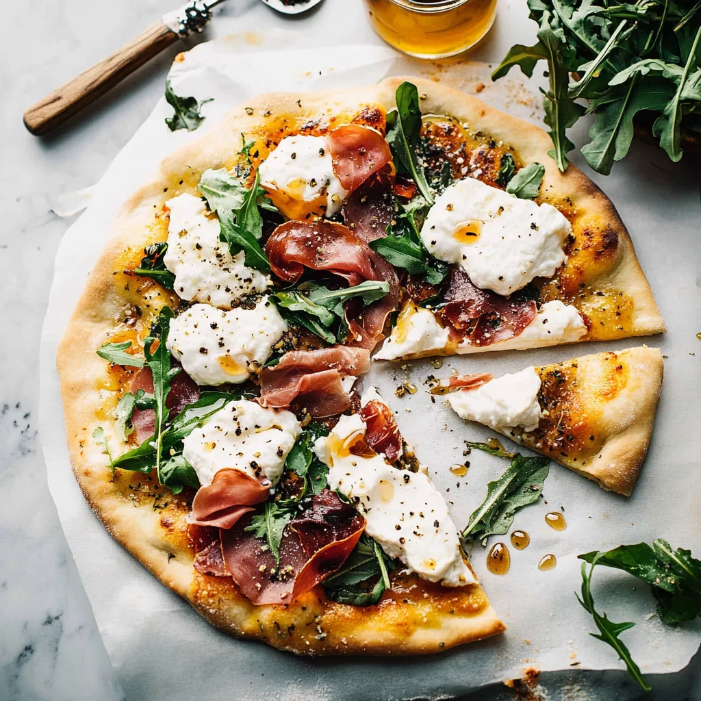 Cheesy pizza with thin ham on a napkin.