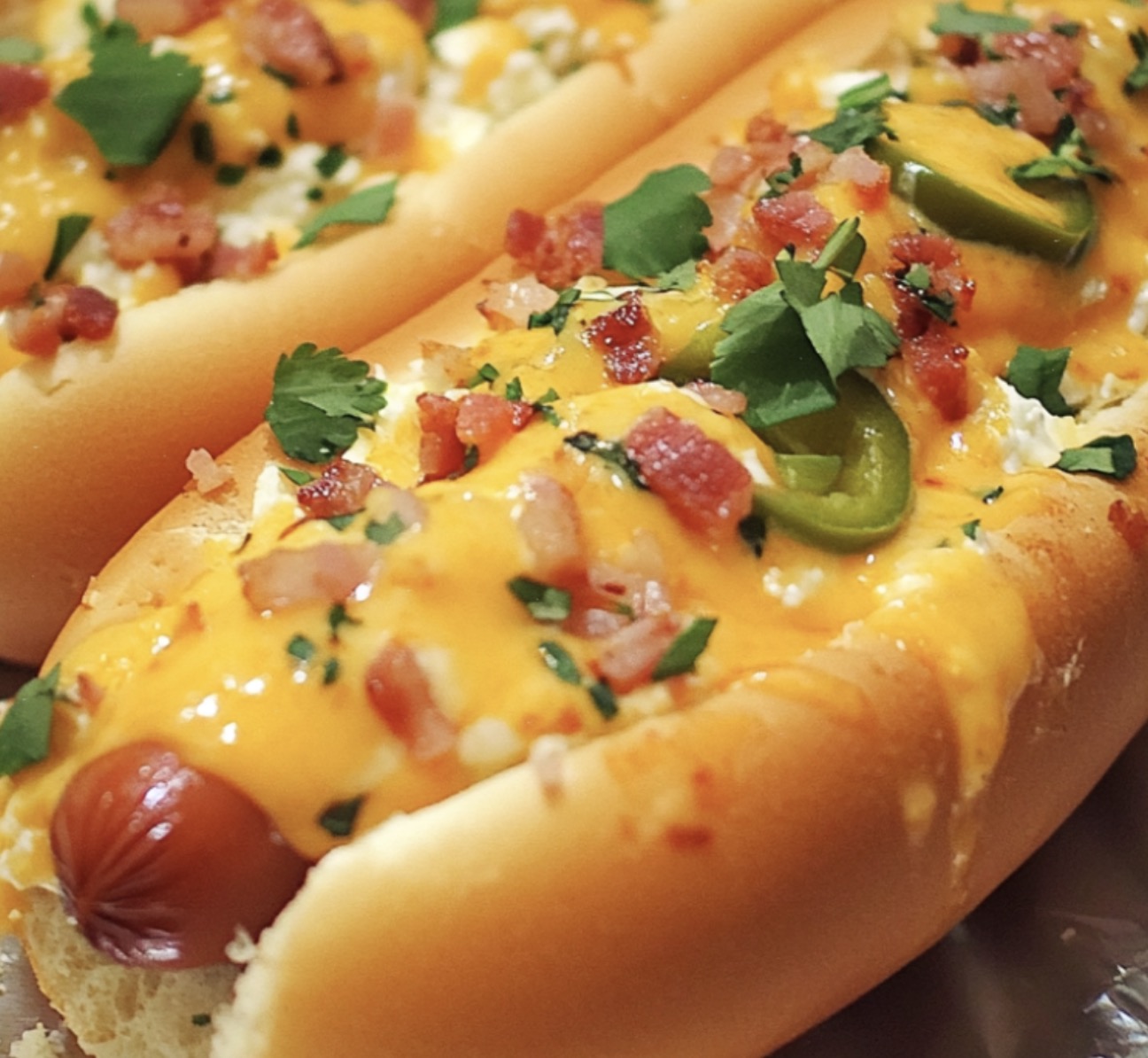 Two hot dogs with cheese and bacon on top.