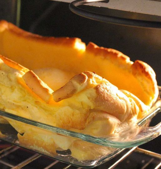 A baked dish in a glass dish.
