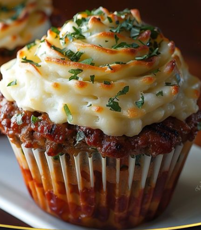 A cupcake with meat and cheese on top.