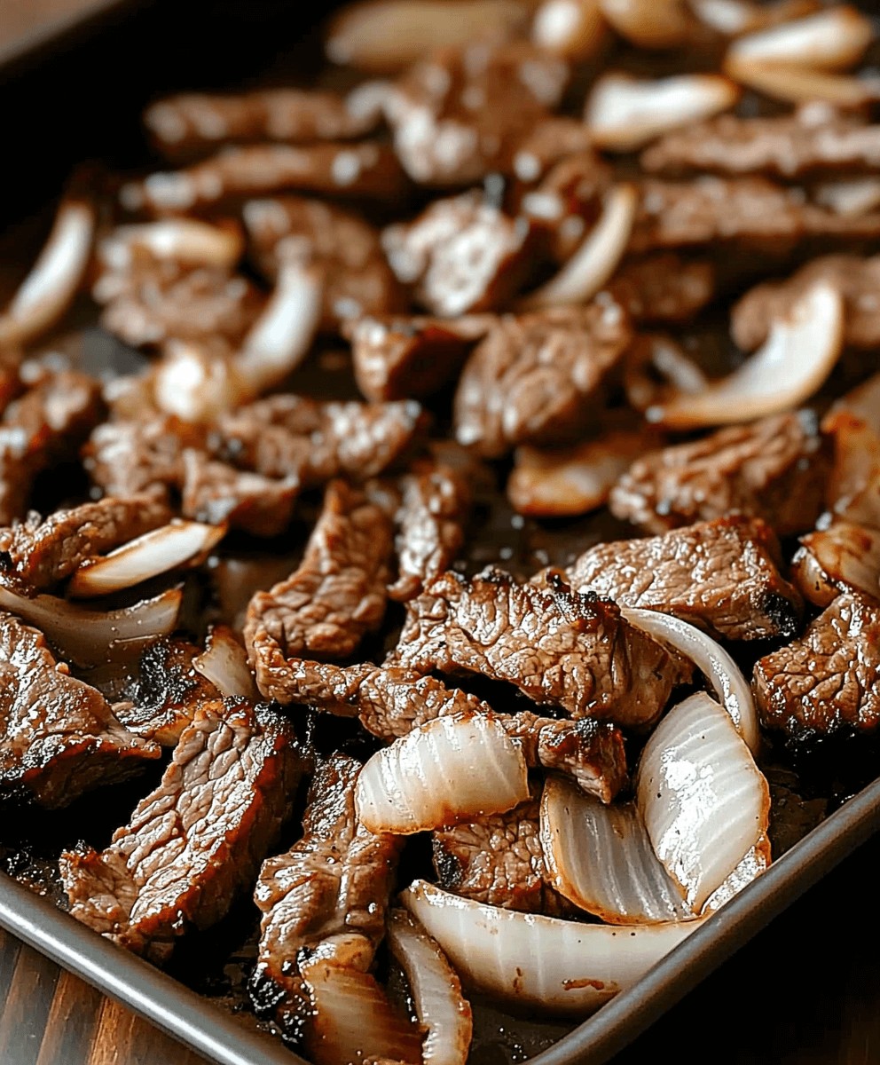 A pan of steak and onions.