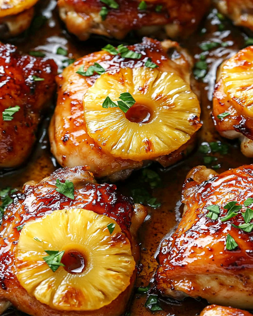 Chicken with pineapple on top.