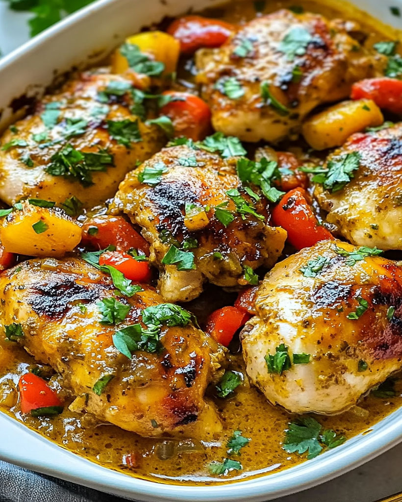 A bowl of chicken with vegetables.