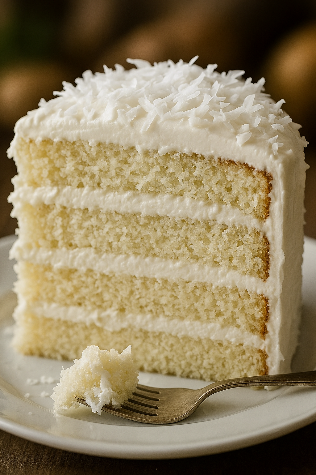 A slice of cake with white frosting.