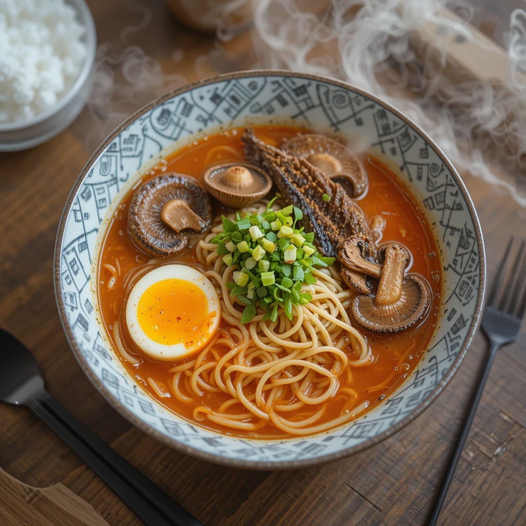 A bowl of soup with mushrooms and egg.