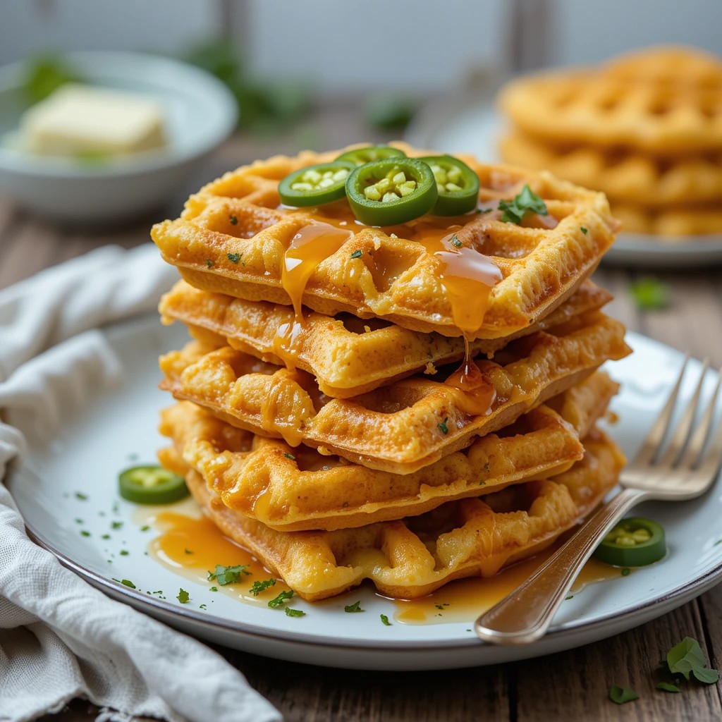 A stack of waffles with jalapenos on top.