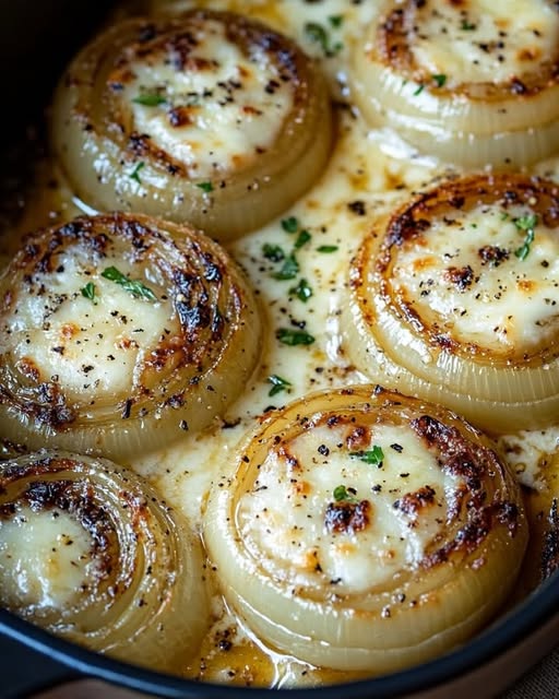 A bowl of food with onions and cheese.