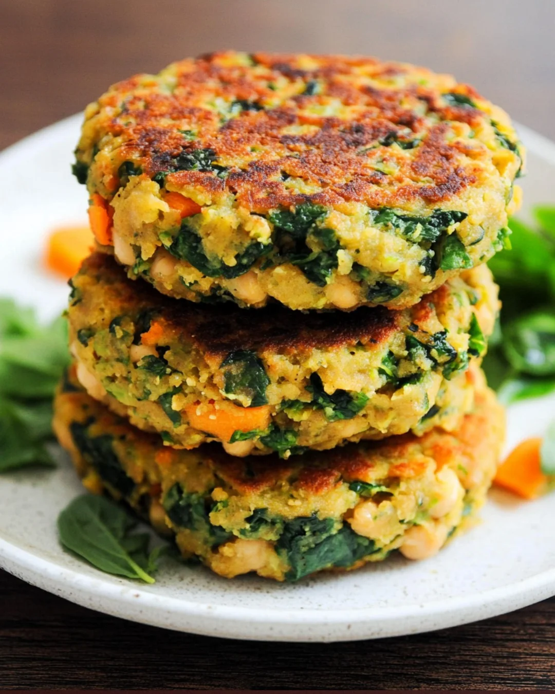 Three stacked vegetable patties on a plate.