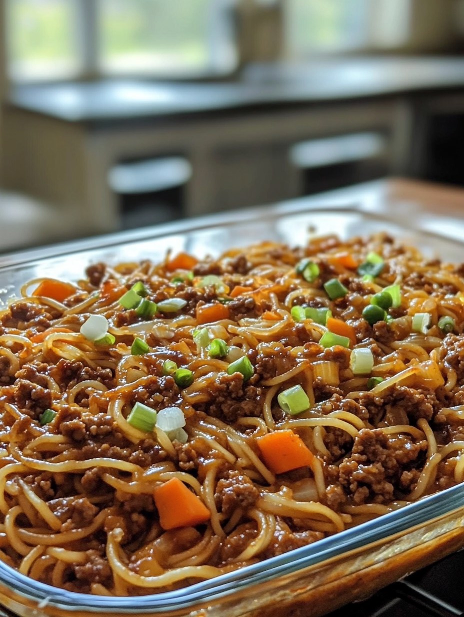 A dish of noodles with meat and vegetables.