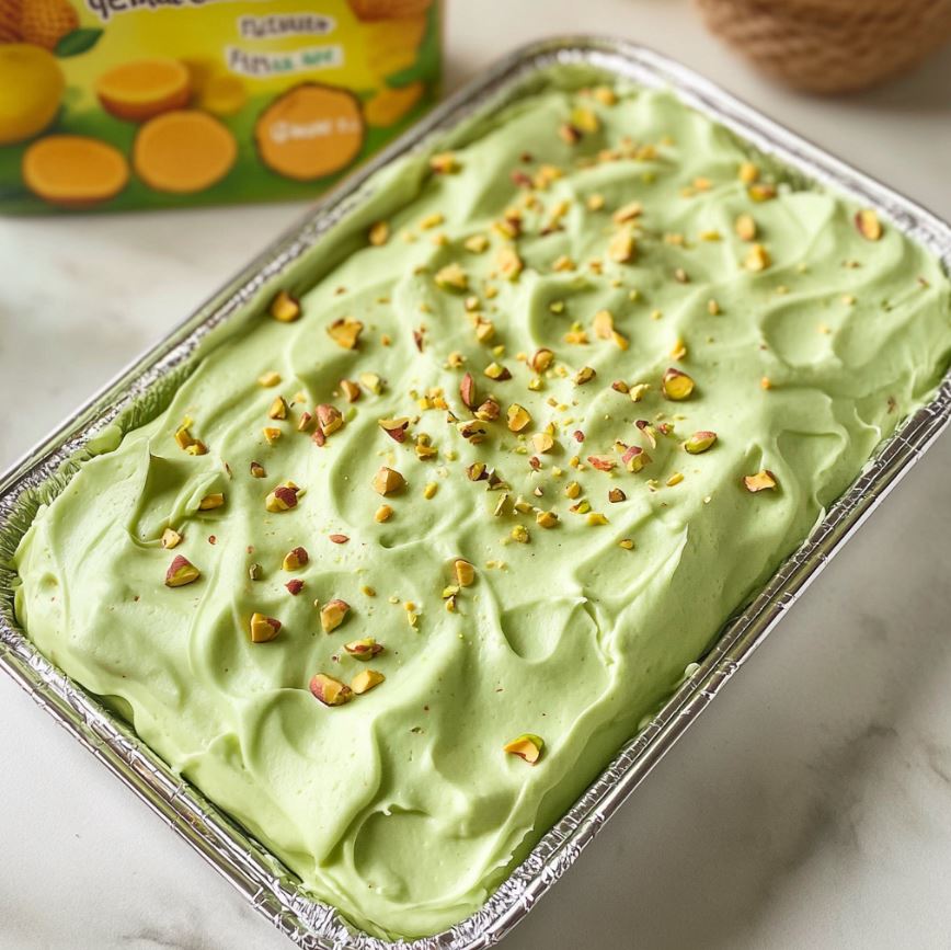 A green cake with nuts on top.