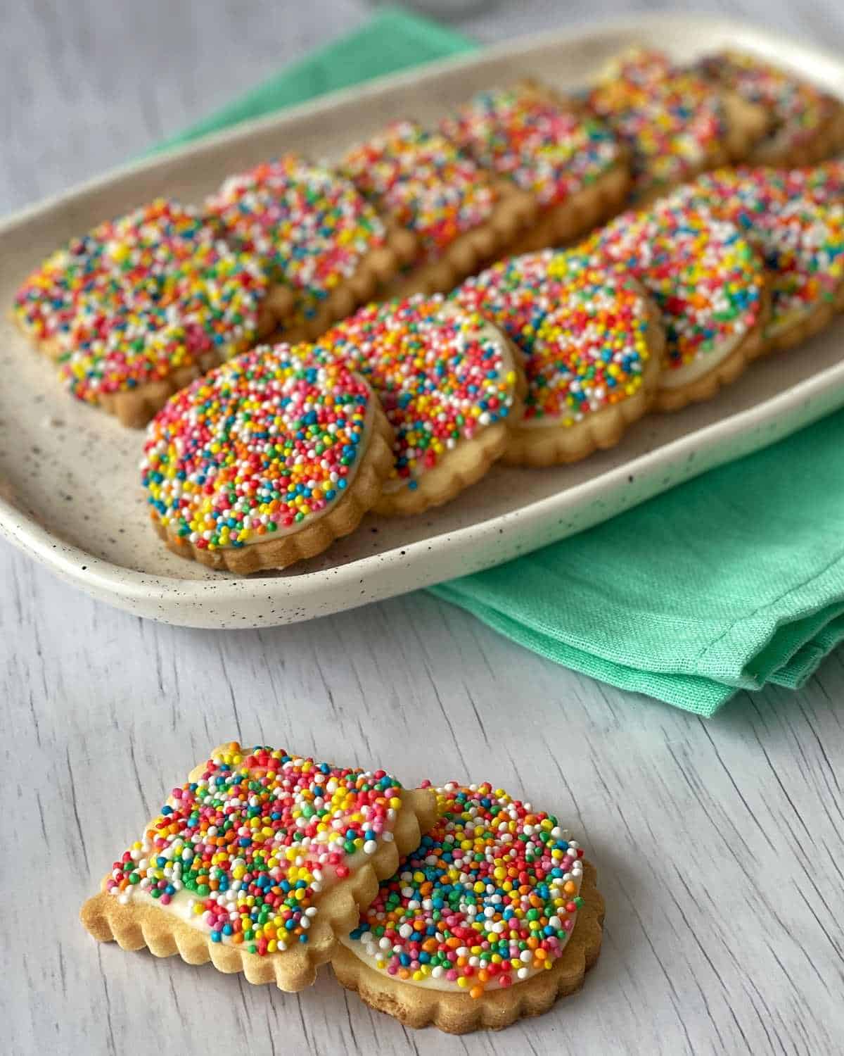 A plate of colorful cookies.