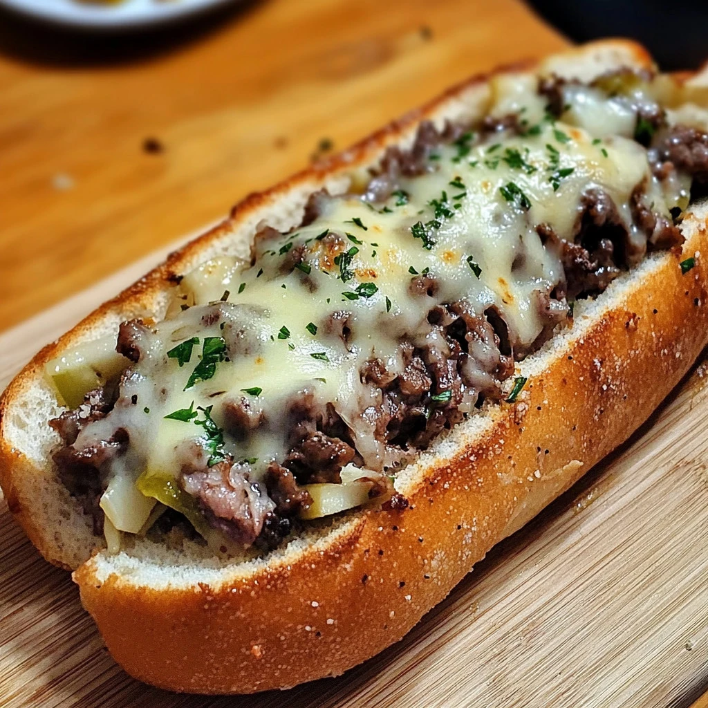 A sandwich with meat and cheese on a wooden table.