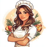 A woman in a white chef's outfit with a chef's hat and apron.