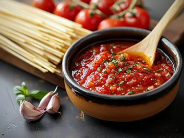 A bowl of rich tomato sauce garnished with herbs, accompanied by garlic cloves, fresh tomatoes, and uncooked spaghetti.