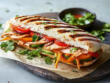 A grilled sandwich filled with sliced chicken, colorful vegetables, and fresh herbs on a wooden board with a small bowl of sauce in the background.