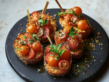 A plate of toasted bread topped with colorful cherry tomatoes, herbs, and drizzled with olive oil.