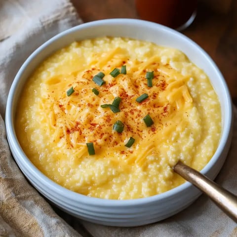 A comforting bowl of creamy yellow grits with cheddar shreds, green onions, and paprika sprinkled on top.