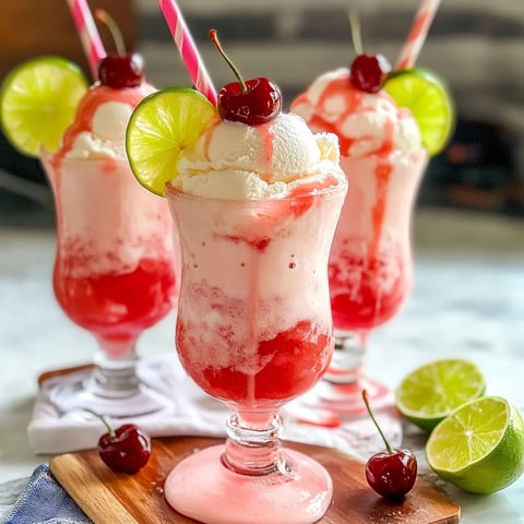 Three cups filled with pink and red soda topped with cherries.