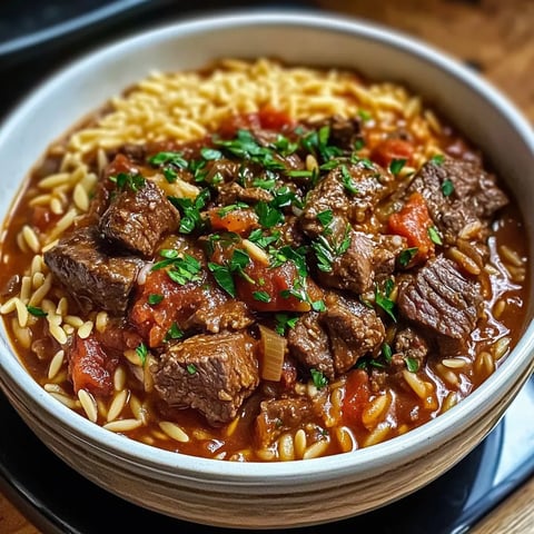 A delicious bowl of beef and orzo stew served with vegetables.