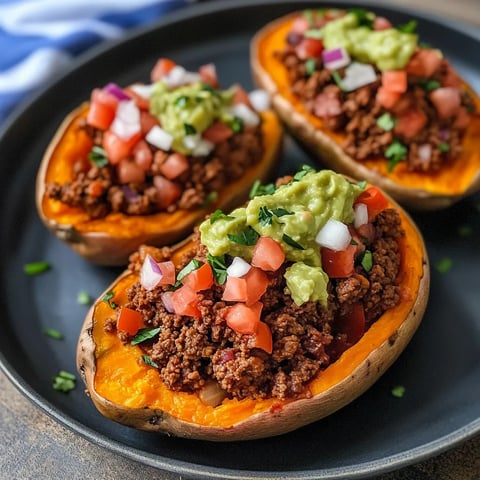 Sweet potato halves stuffed with taco meat, fresh toppings, and guacamole.