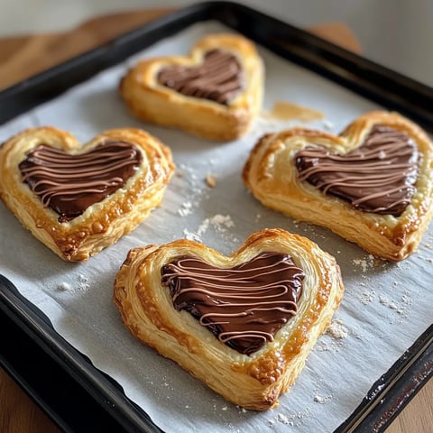 A baking sheet filled with heart-shaped pastries drizzled with chocolate.