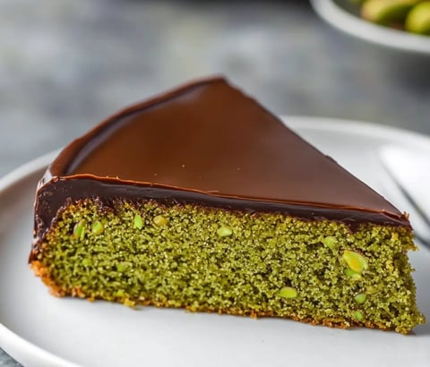 A piece of cake topped with green pistachios and chocolate on a plate.