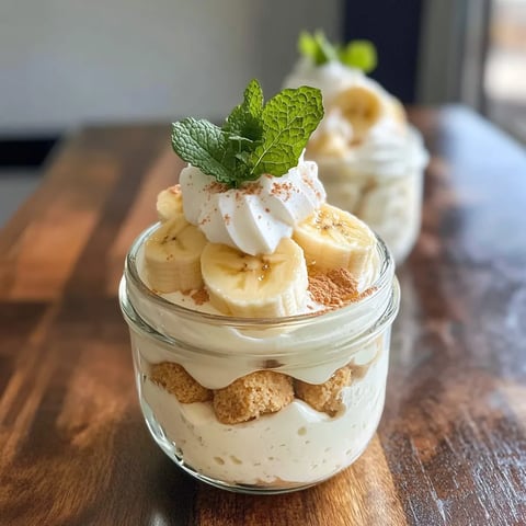 A creamy banana dessert garnished with mint in a glass on a wooden surface.