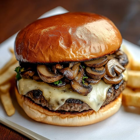 A burger with Swiss cheese and mushrooms.