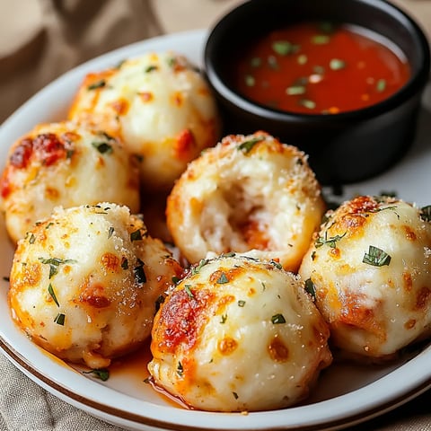 A plate of golden, cheesy bites with dipping sauce.