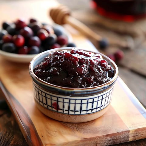 A spoon resting in a bowl of berry sauce