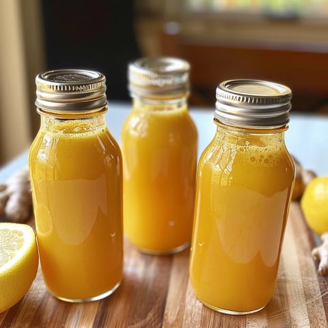 Three glass jars filled with orange juice on a table.