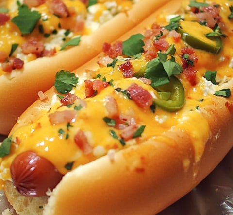 Two hot dogs with cheese and bacon on top.