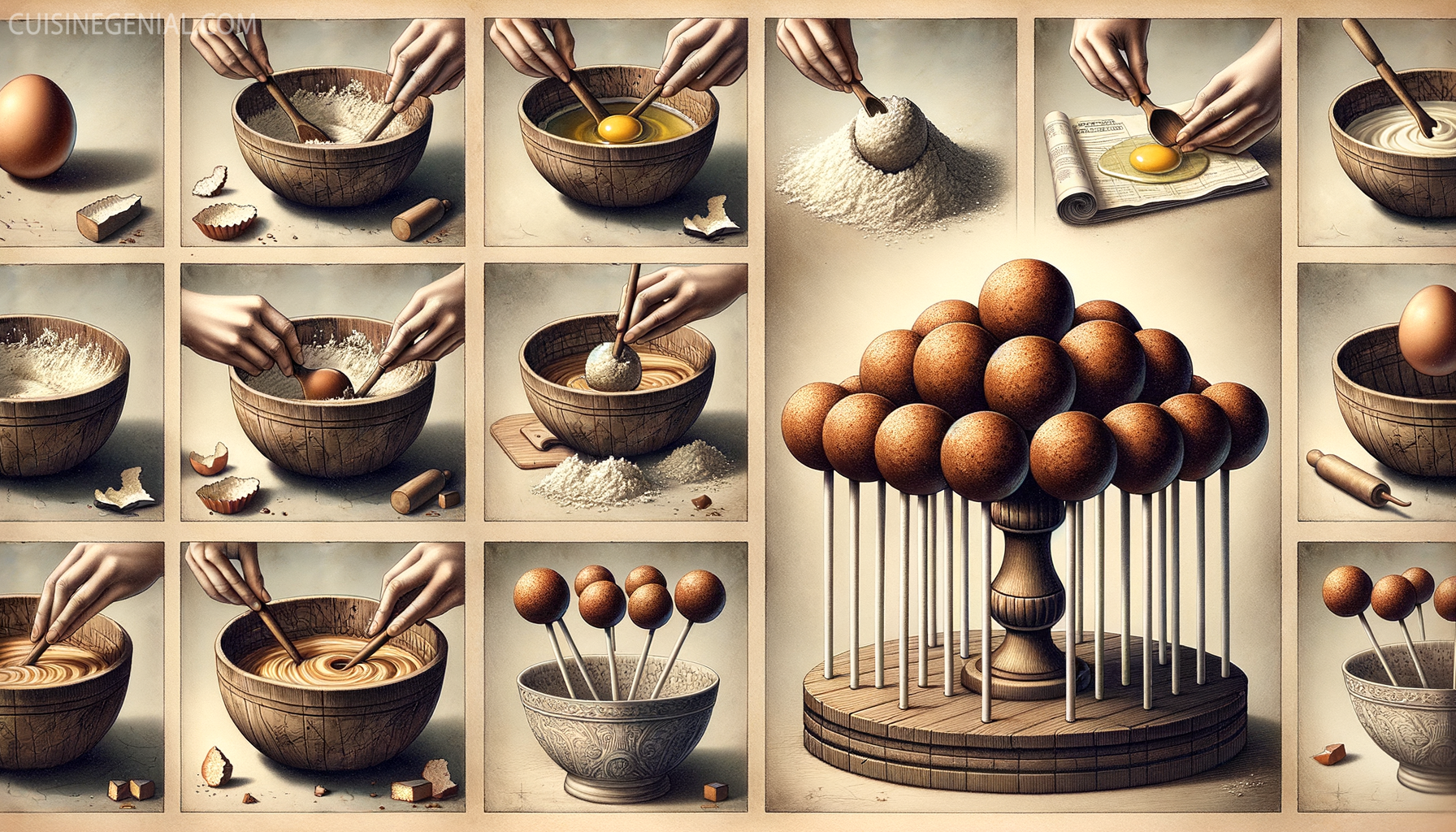 Step-by-step process of making cake pops without frosting, from mixing ingredients to displaying finished cake pops.