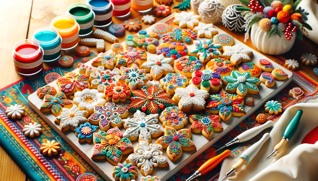 Variety of spritz cookies with colorful icing designs on a festive table setting