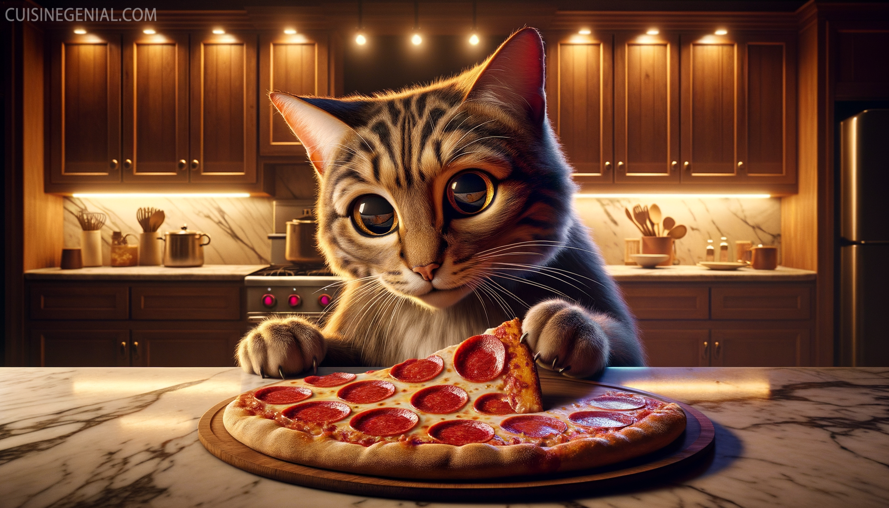 Curious cat examining a slice of pizza in a cozy kitchen setting.