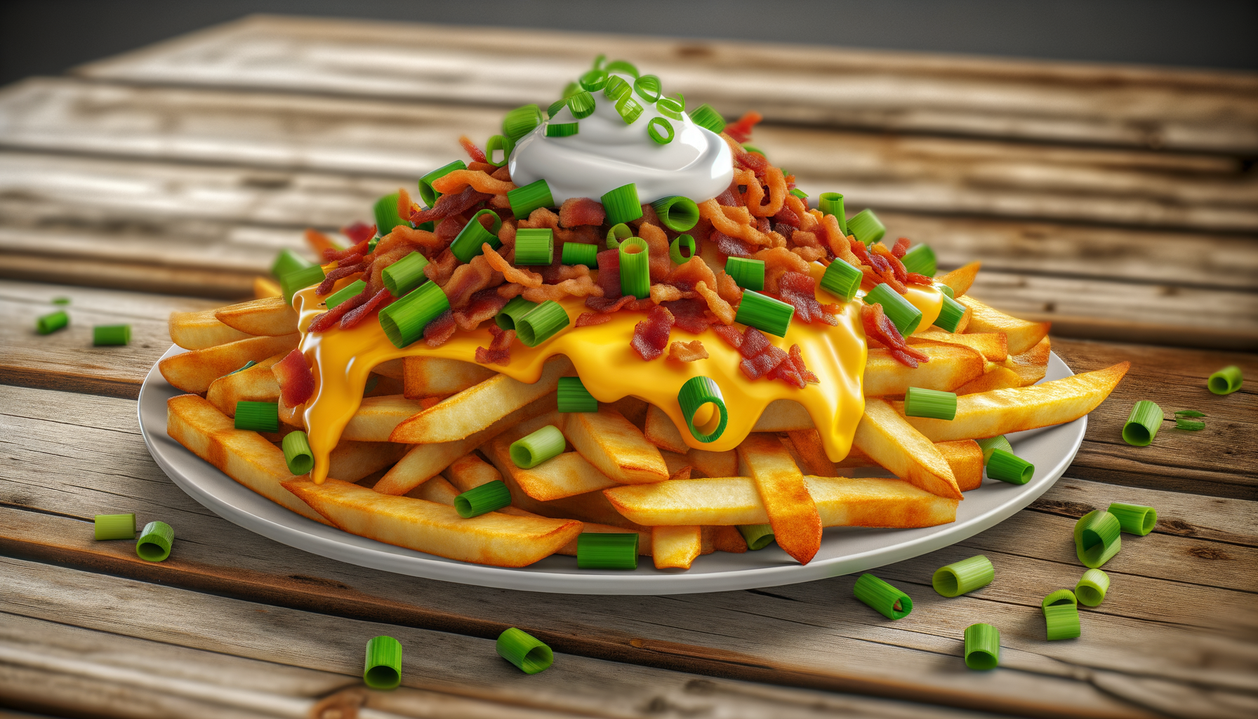 A plate of homemade loaded fries with melted cheese, bacon bits, green onions, and sour cream on a wooden table.