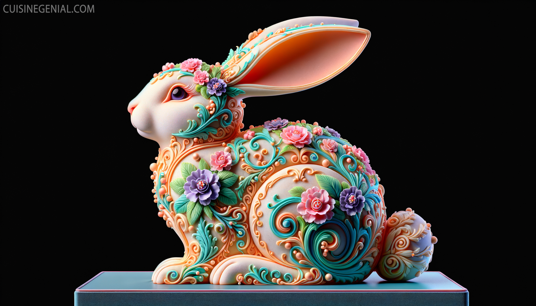 Detailed and realistic image of a three-dimensional bunny cake from the side, showcasing its intricate decorations