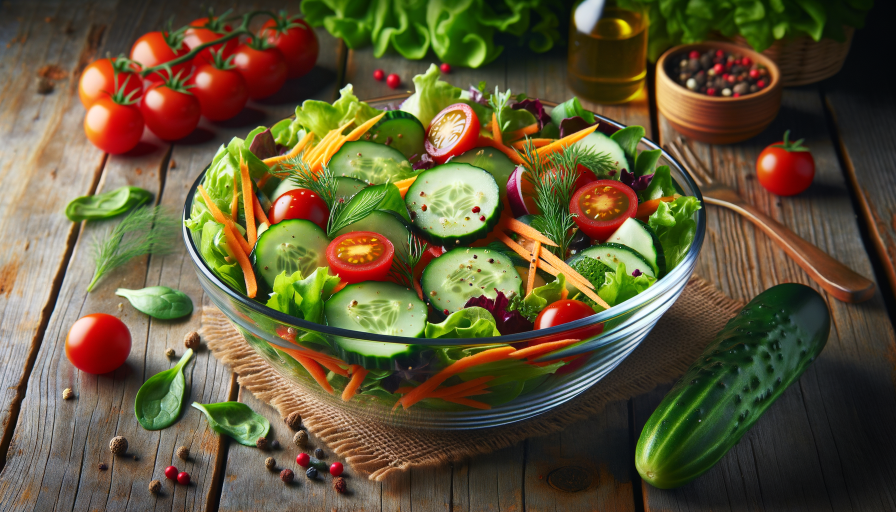 Fresh garden salad bowl with mixed greens, cherry tomatoes, cucumbers, and carrots