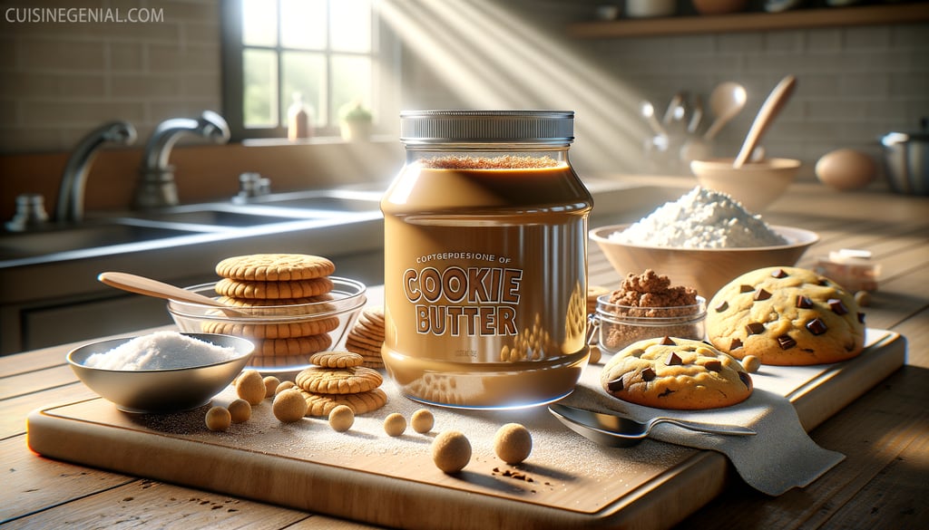 Jar of cookie butter on kitchen counter with baking ingredients