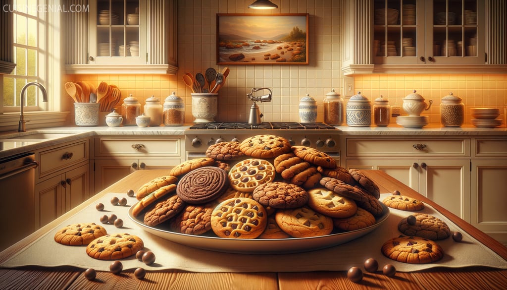 Elegant assortment of homemade cookies without chocolate chips on a plate, set in a warm kitchen