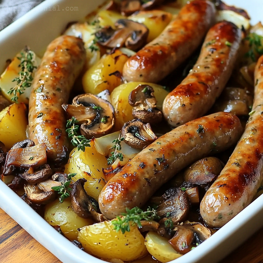 Saucisses, champignons et pommes de terre au four