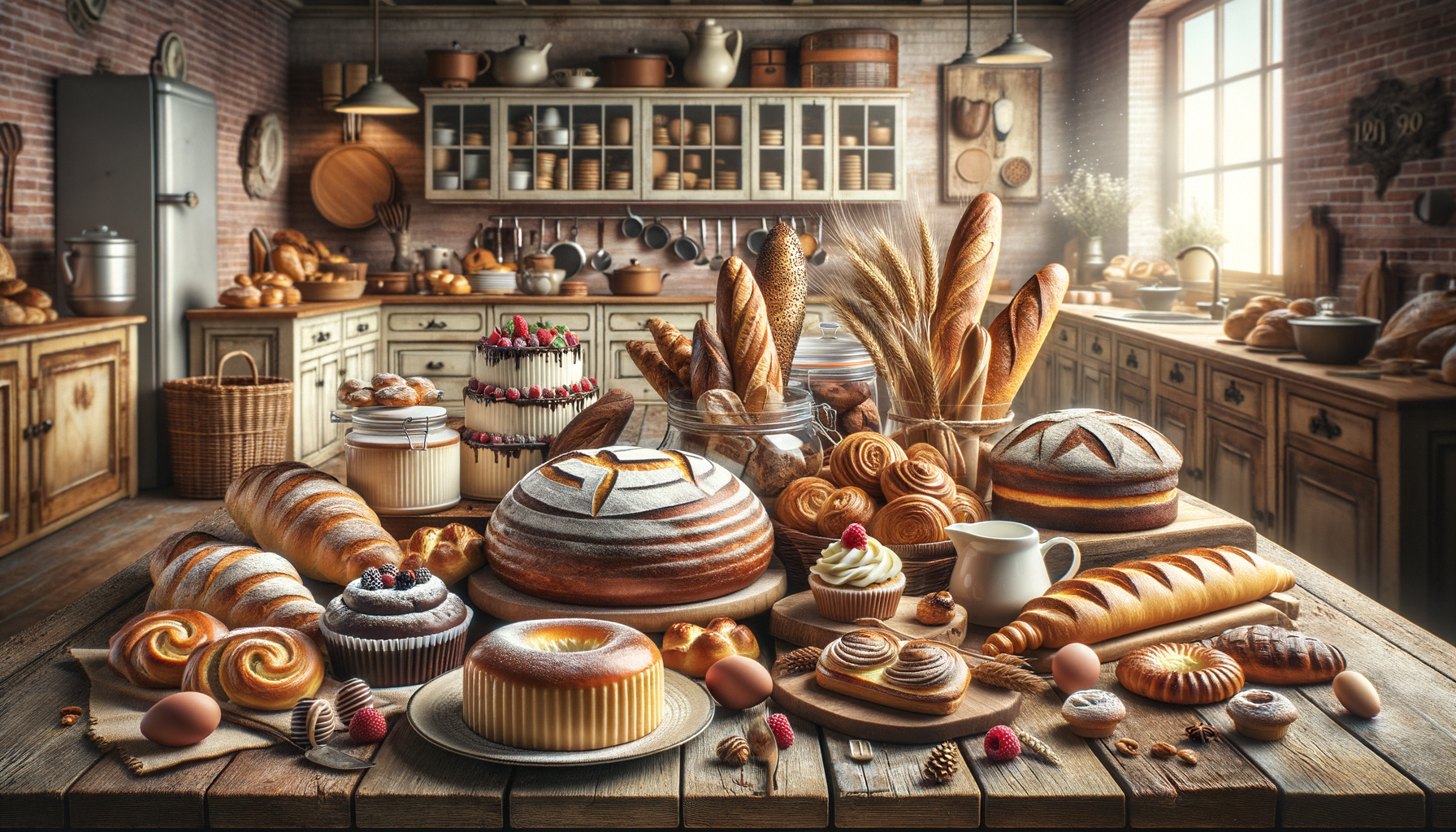 Assorted baked goods on a wooden table in a cozy kitchen setting, depicting the baking category.