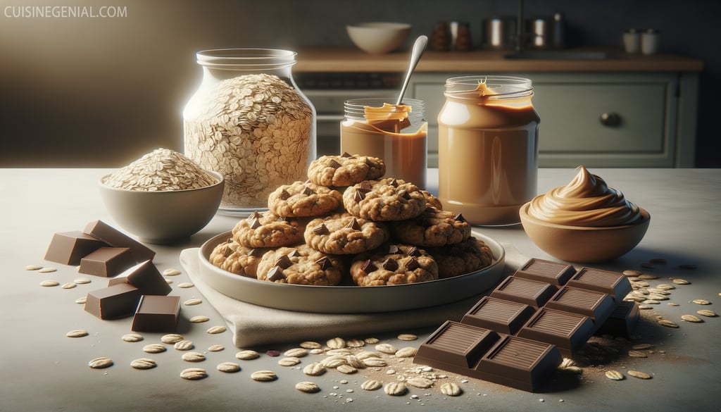 Detailed image of no bake cookies with ingredients on a kitchen counter